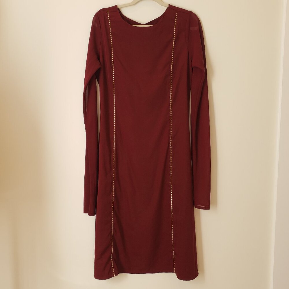 Fiorra Maroon Poly Crepe Straight Kurta With Gold Trim Accent on Front Large